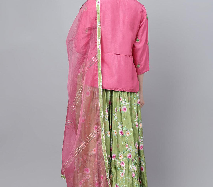 Divena Pink and Green Russian Silk Flared Lehenga Choli Set with Organza Dupatta - divena world