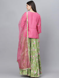 Divena Pink and Green Russian Silk Flared Lehenga Choli Set with Organza Dupatta - divena world