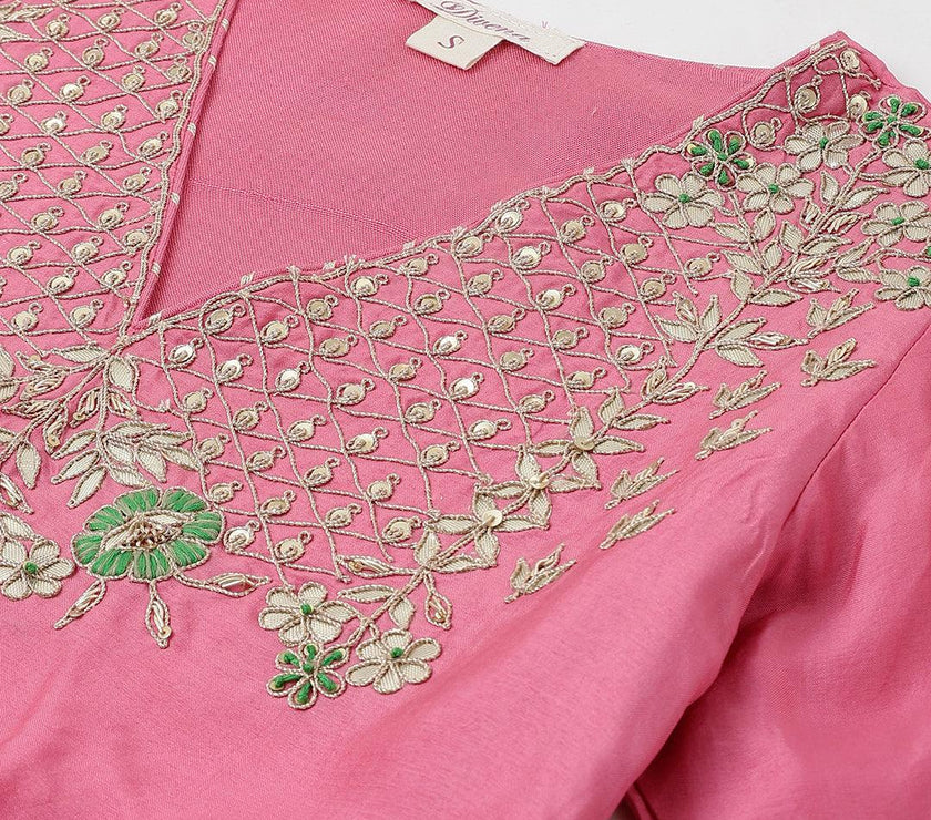 Divena Pink and Green Russian Silk Flared Lehenga Choli Set with Organza Dupatta - divena world