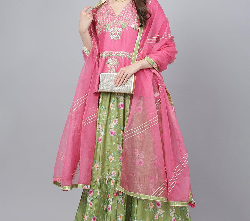 Divena Pink and Green Russian Silk Flared Lehenga Choli Set with Organza Dupatta - divena world