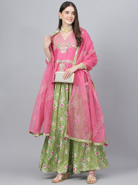 Divena Pink and Green Russian Silk Flared Lehenga Choli Set with Organza Dupatta - divena world