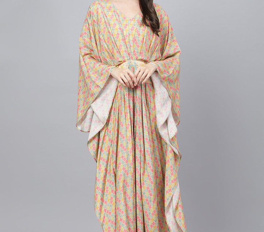 Divena Multi Color Printed Muslin Flared Kaftan Dress - divena world