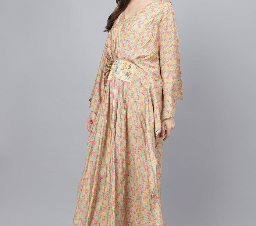 Divena Multi Color Printed Muslin Flared Kaftan Dress - divena world