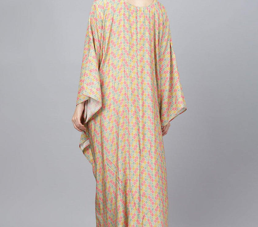 Divena Multi Color Printed Muslin Flared Kaftan Dress - divena world