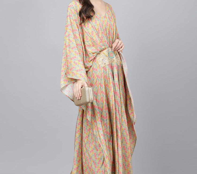 Divena Multi Color Printed Muslin Flared Kaftan Dress - divena world