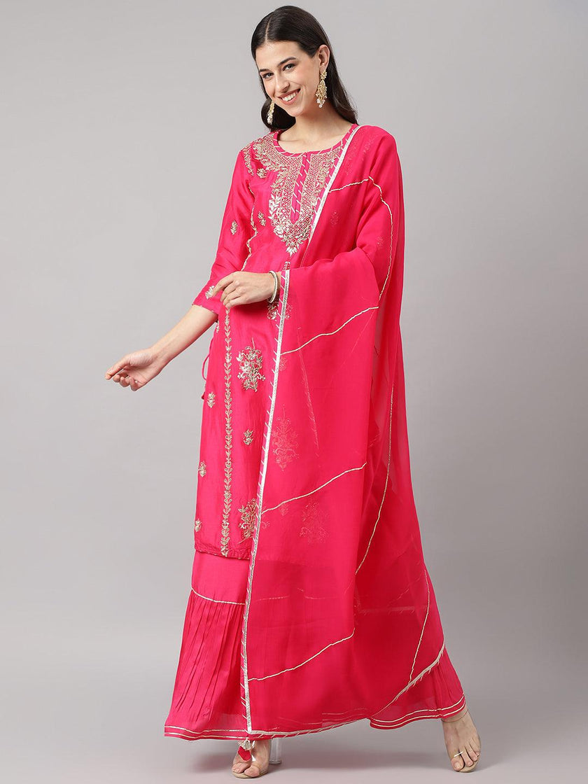 Divena Pink russian silk Hand embroidery Kurta Sharara with Organza dupatta - divena world