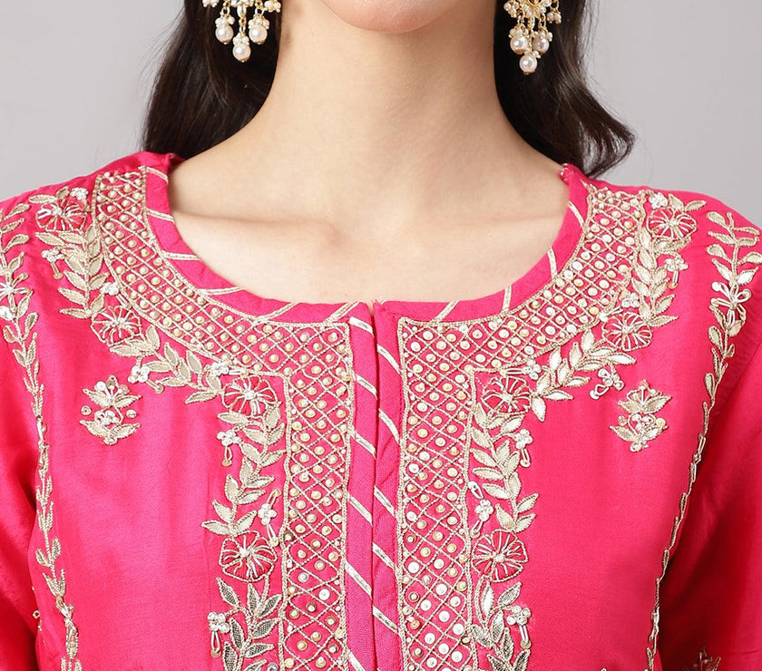 Divena Pink russian silk Hand embroidery Kurta Sharara with Organza dupatta - divena world