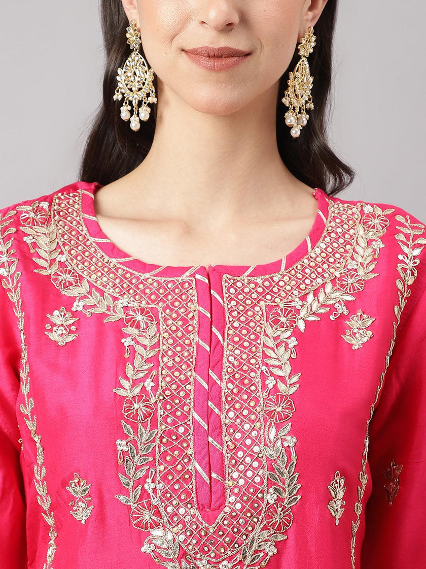 Divena Pink russian silk Hand embroidery Kurta Sharara with Organza dupatta - divena world