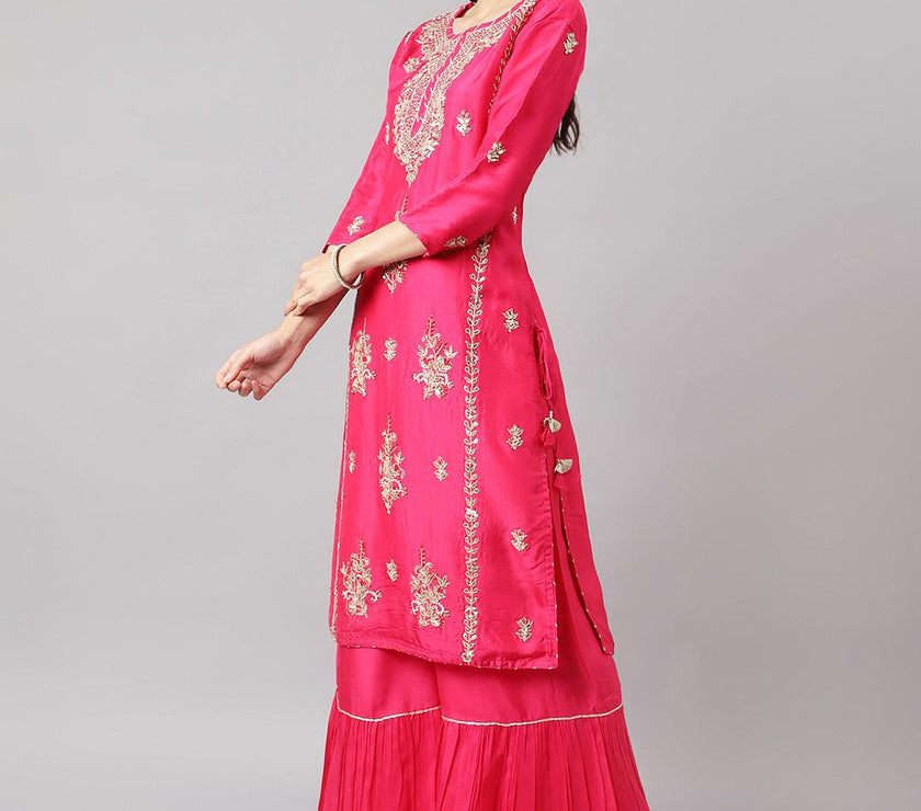 Divena Pink russian silk Hand embroidery Kurta Sharara with Organza dupatta - divena world