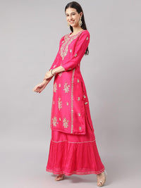 Divena Pink russian silk Hand embroidery Kurta Sharara with Organza dupatta - divena world