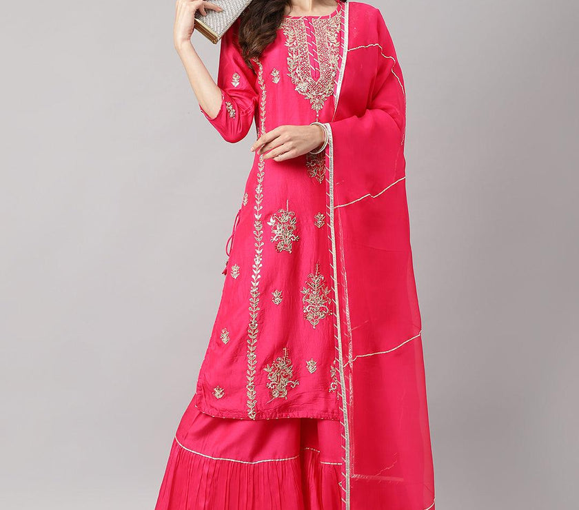 Divena Pink russian silk Hand embroidery Kurta Sharara with Organza dupatta - divena world