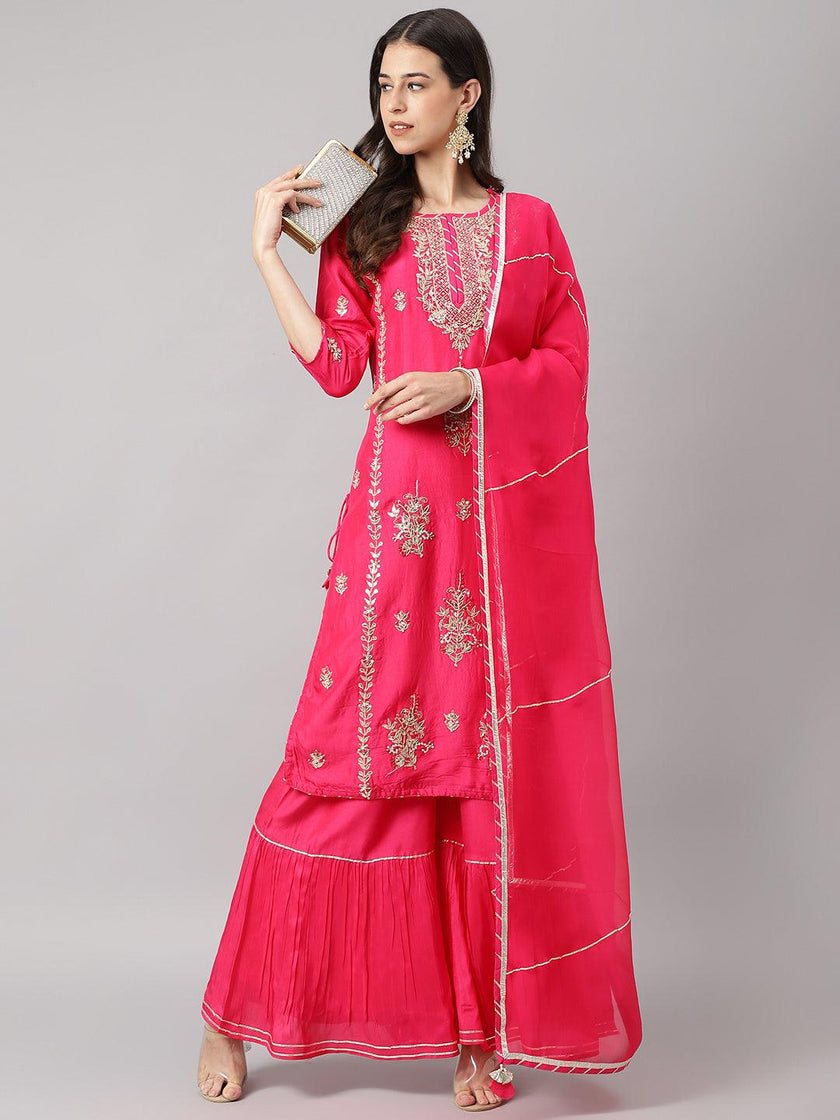 Divena Pink russian silk Hand embroidery Kurta Sharara with Organza dupatta - divena world