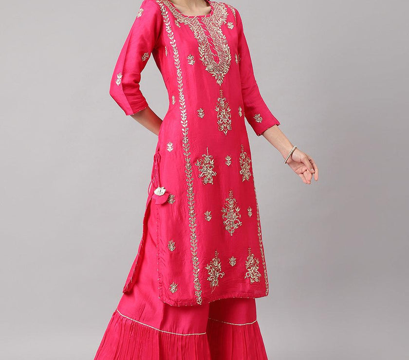 Divena Pink russian silk Hand embroidery Kurta Sharara with Organza dupatta - divena world