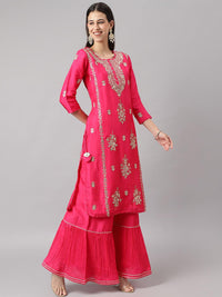 Divena Pink russian silk Hand embroidery Kurta Sharara with Organza dupatta - divena world