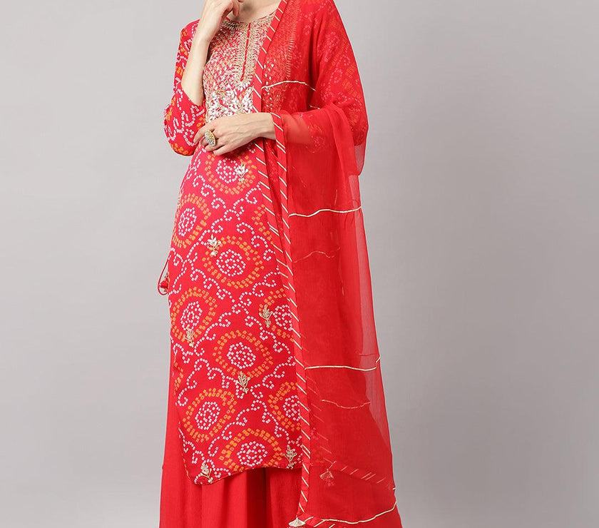 Divena Red Chinon Hand embroidery Kurta Sharara with chiffon dupatta - divena world