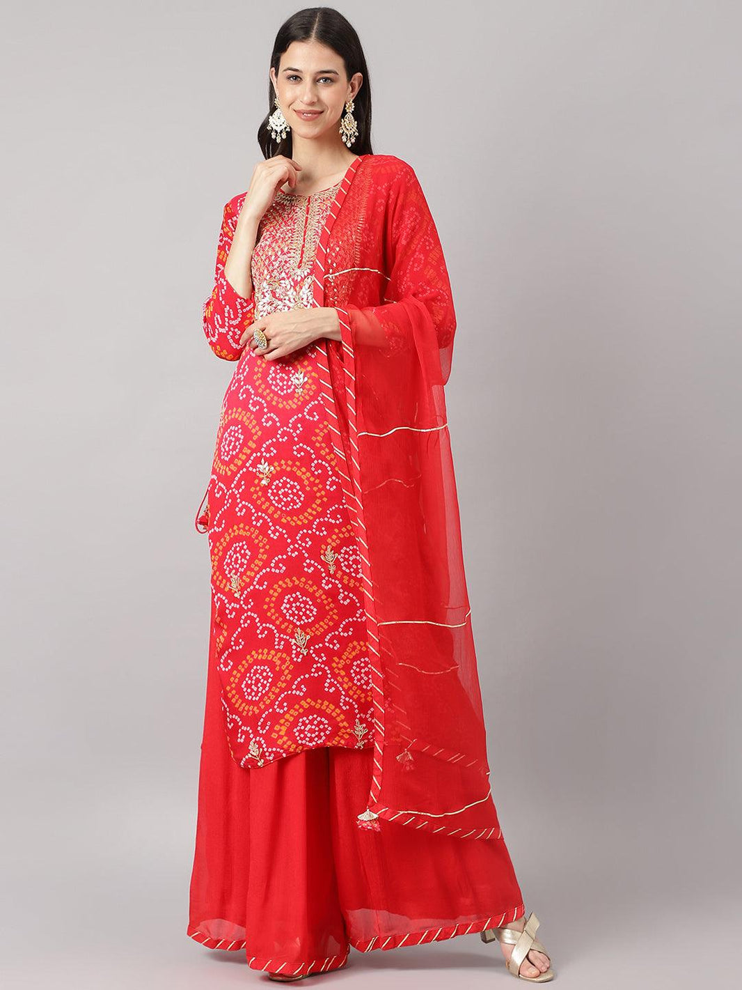 Divena Red Chinon Hand embroidery Kurta Sharara with chiffon dupatta - divena world