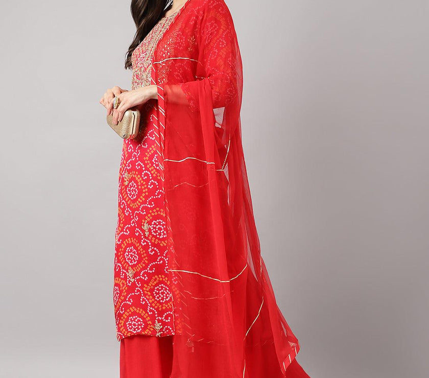 Divena Red Chinon Hand embroidery Kurta Sharara with chiffon dupatta - divena world