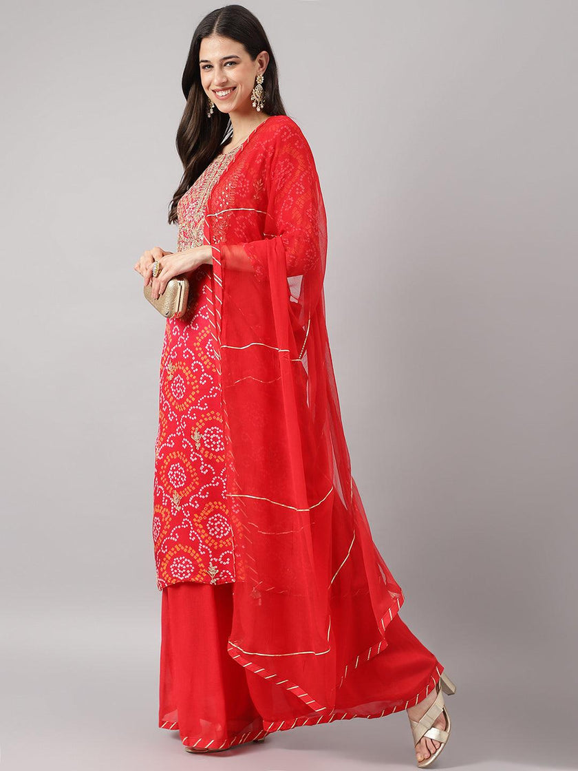 Divena Red Chinon Hand embroidery Kurta Sharara with chiffon dupatta - divena world