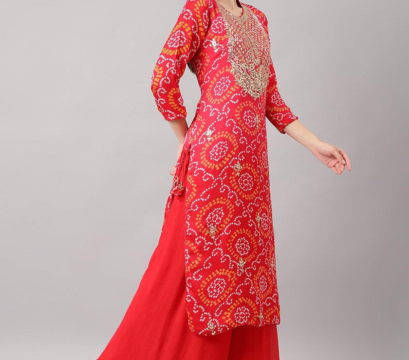 Divena Red Chinon Hand embroidery Kurta Sharara with chiffon dupatta - divena world