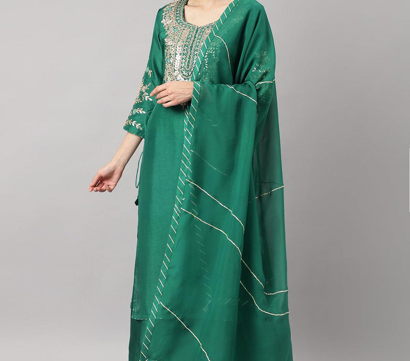 Divena Green uppada silk Hand embroidery Kurta Sharara with Organza dupatta - divena world