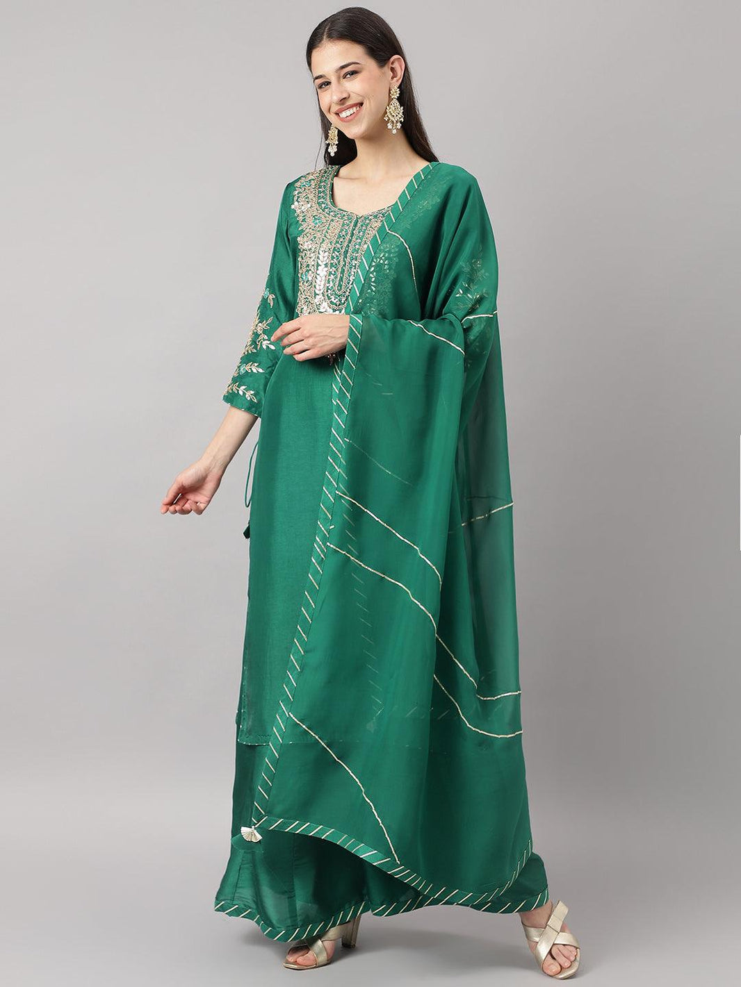 Divena Green uppada silk Hand embroidery Kurta Sharara with Organza dupatta - divena world