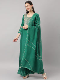 Divena Green uppada silk Hand embroidery Kurta Sharara with Organza dupatta - divena world