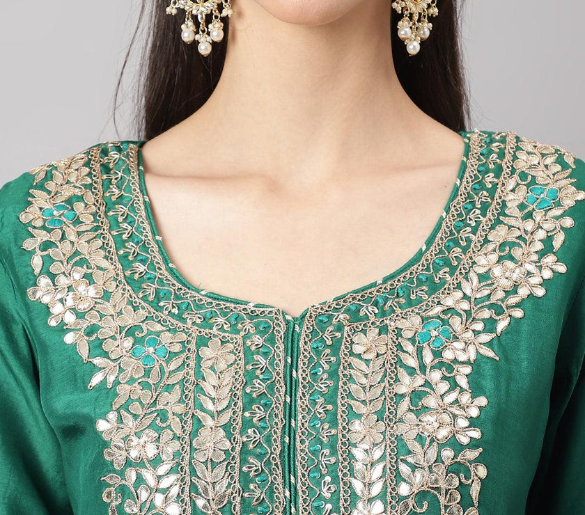 Divena Green uppada silk Hand embroidery Kurta Sharara with Organza dupatta - divena world