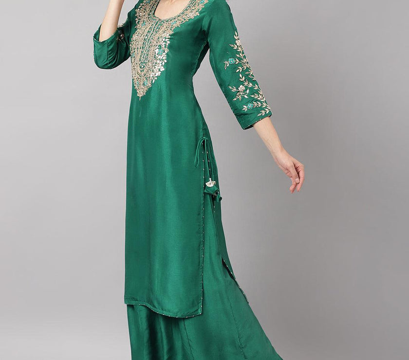 Divena Green uppada silk Hand embroidery Kurta Sharara with Organza dupatta - divena world