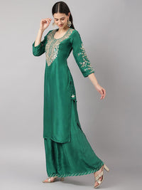 Divena Green uppada silk Hand embroidery Kurta Sharara with Organza dupatta - divena world