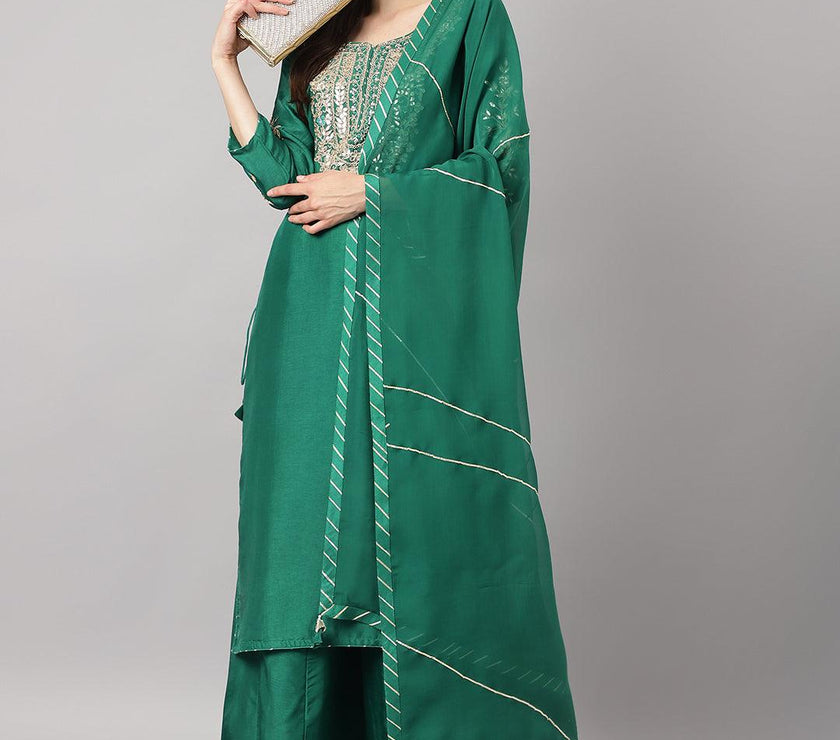 Divena Green uppada silk Hand embroidery Kurta Sharara with Organza dupatta - divena world