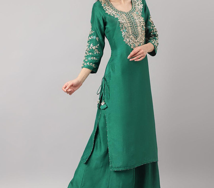 Divena Green uppada silk Hand embroidery Kurta Sharara with Organza dupatta - divena world