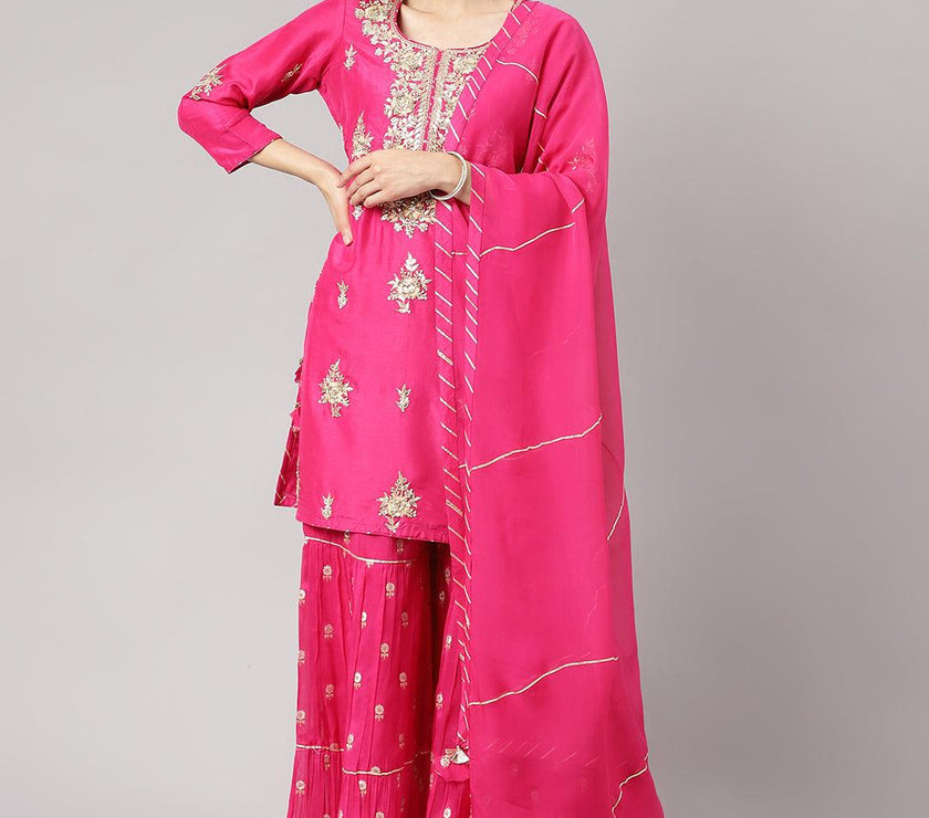 Divena Dark Pink russian silk Hand embroidery Kurta Sharara with Organza dupatta - divena world