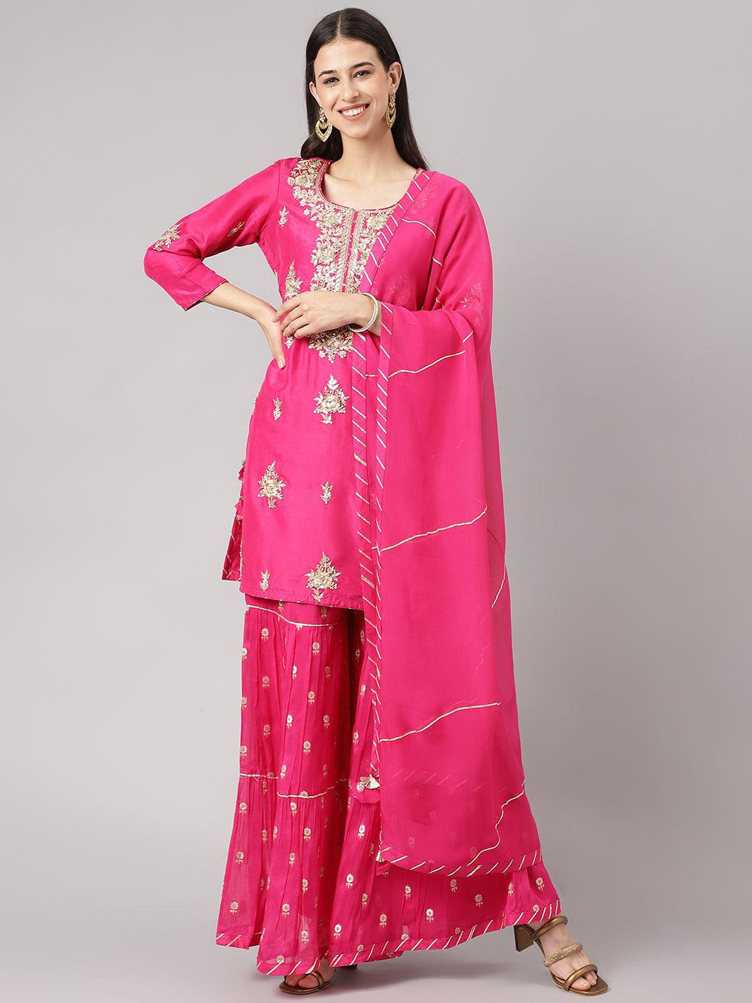 Divena Dark Pink russian silk Hand embroidery Kurta Sharara with Organza dupatta - divena world