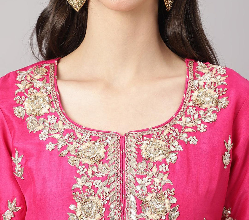 Divena Dark Pink russian silk Hand embroidery Kurta Sharara with Organza dupatta - divena world