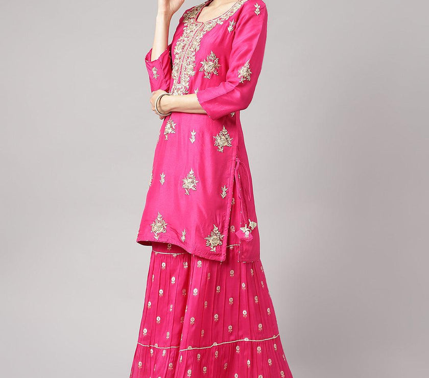 Divena Dark Pink russian silk Hand embroidery Kurta Sharara with Organza dupatta - divena world