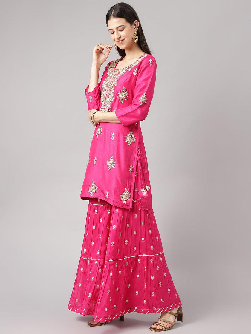 Divena Dark Pink russian silk Hand embroidery Kurta Sharara with Organza dupatta - divena world