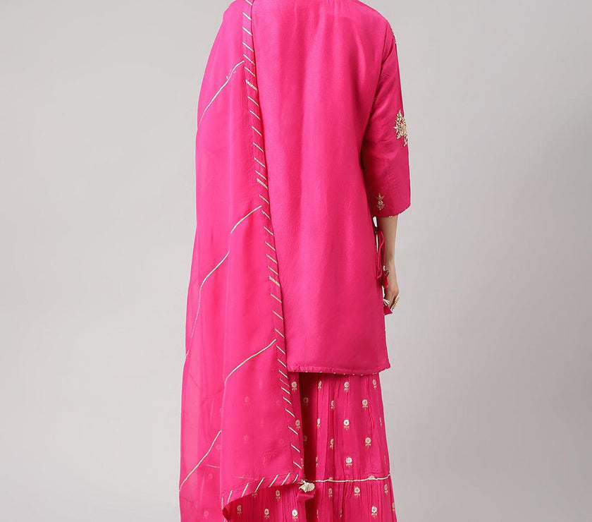 Divena Dark Pink russian silk Hand embroidery Kurta Sharara with Organza dupatta - divena world