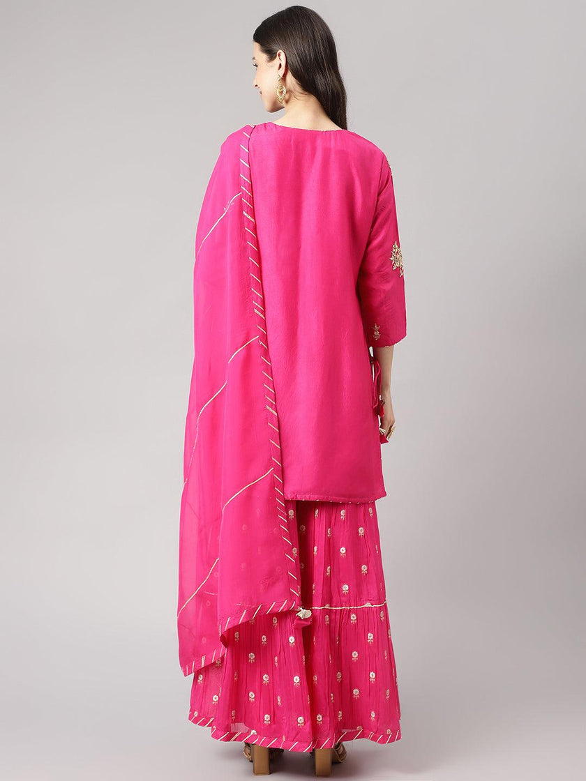 Divena Dark Pink russian silk Hand embroidery Kurta Sharara with Organza dupatta - divena world