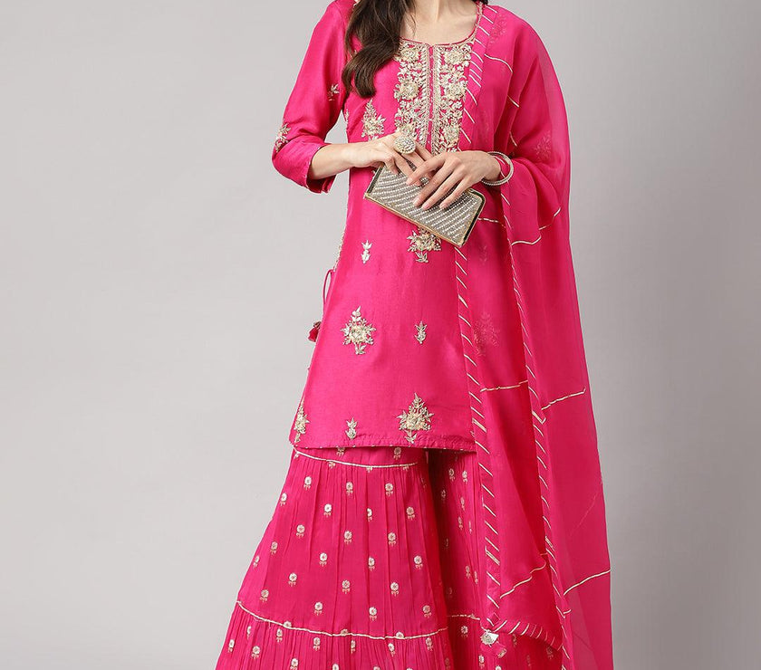 Divena Dark Pink russian silk Hand embroidery Kurta Sharara with Organza dupatta - divena world