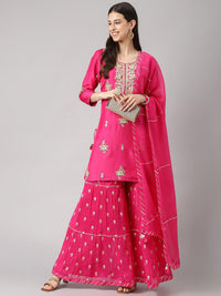 Divena Dark Pink russian silk Hand embroidery Kurta Sharara with Organza dupatta - divena world