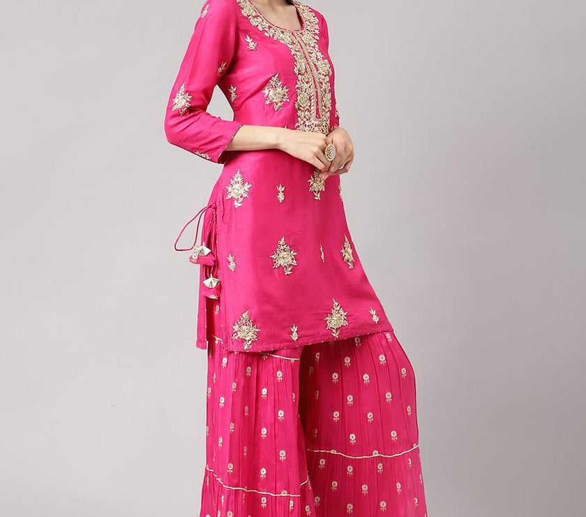 Divena Dark Pink russian silk Hand embroidery Kurta Sharara with Organza dupatta - divena world