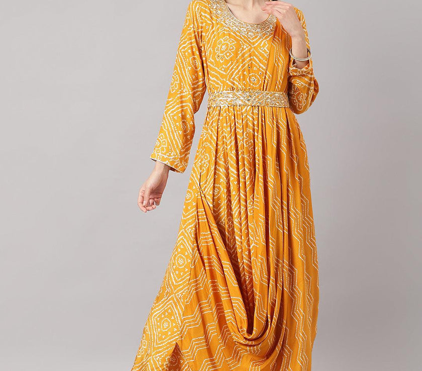 Divena Mustard bandhani Printed Muslin Zari work Drape Style Flared Gown - divena world