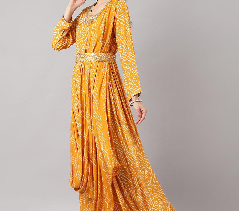 Divena Mustard bandhani Printed Muslin Zari work Drape Style Flared Gown - divena world