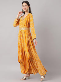 Divena Mustard bandhani Printed Muslin Zari work Drape Style Flared Gown - divena world