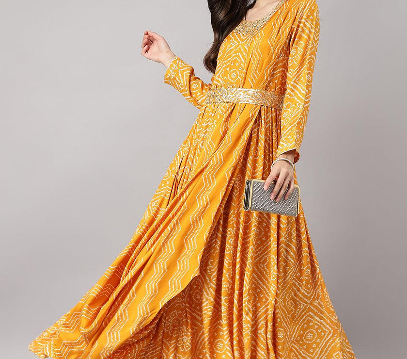 Divena Mustard bandhani Printed Muslin Zari work Drape Style Flared Gown - divena world