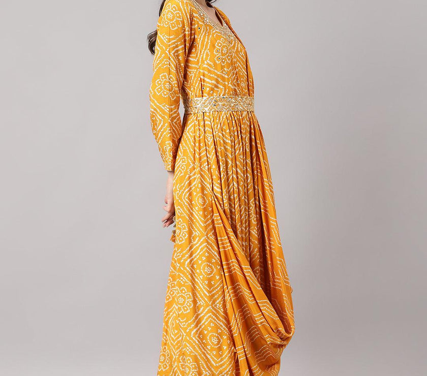 Divena Mustard bandhani Printed Muslin Zari work Drape Style Flared Gown - divena world