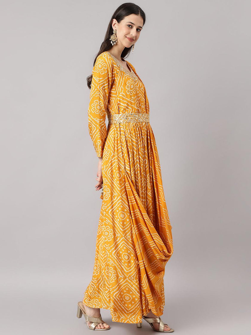 Divena Mustard bandhani Printed Muslin Zari work Drape Style Flared Gown - divena world