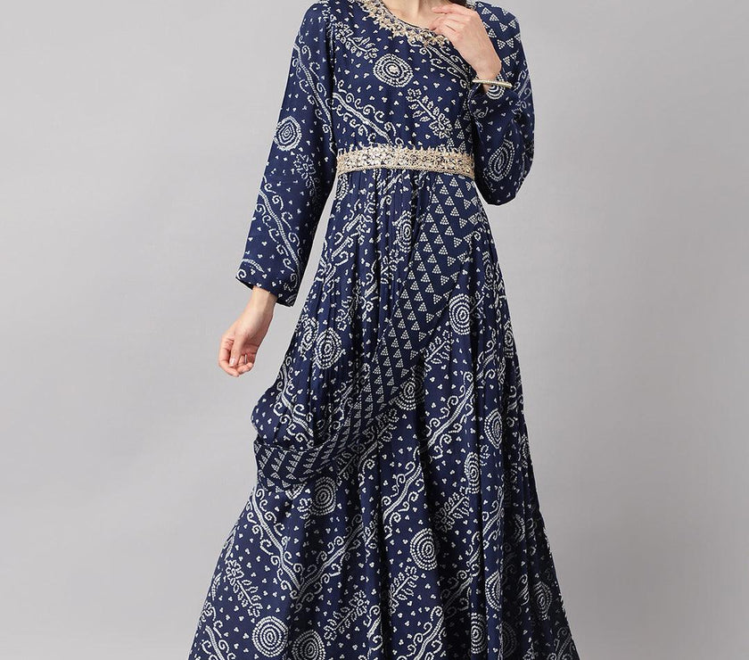 Divena Navy Blue bandhani Printed Muslin Zari work Drape style Flared Gown - divena world