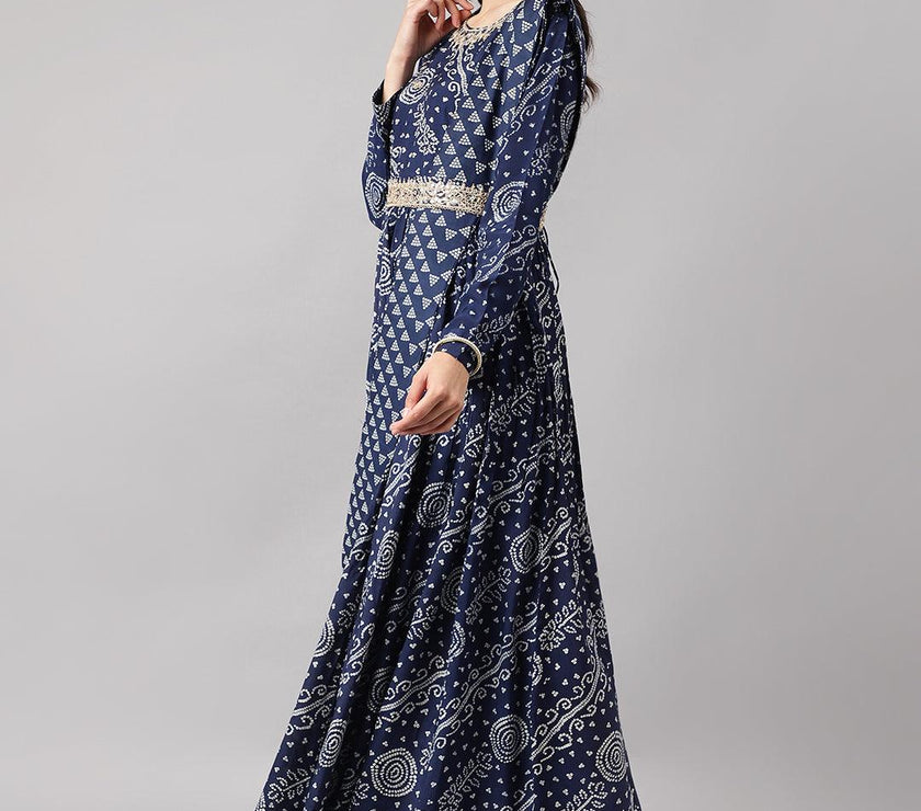 Divena Navy Blue bandhani Printed Muslin Zari work Drape style Flared Gown - divena world