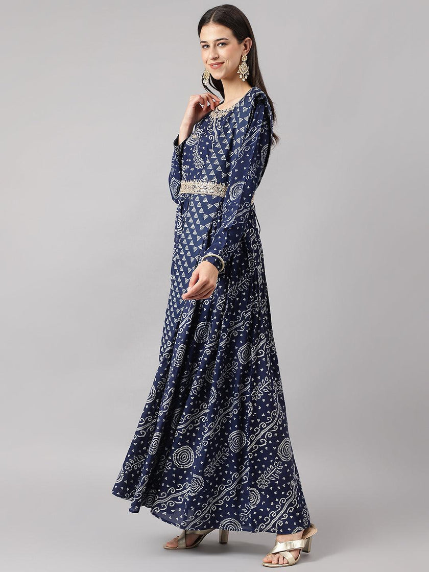 Divena Navy Blue bandhani Printed Muslin Zari work Drape style Flared Gown - divena world